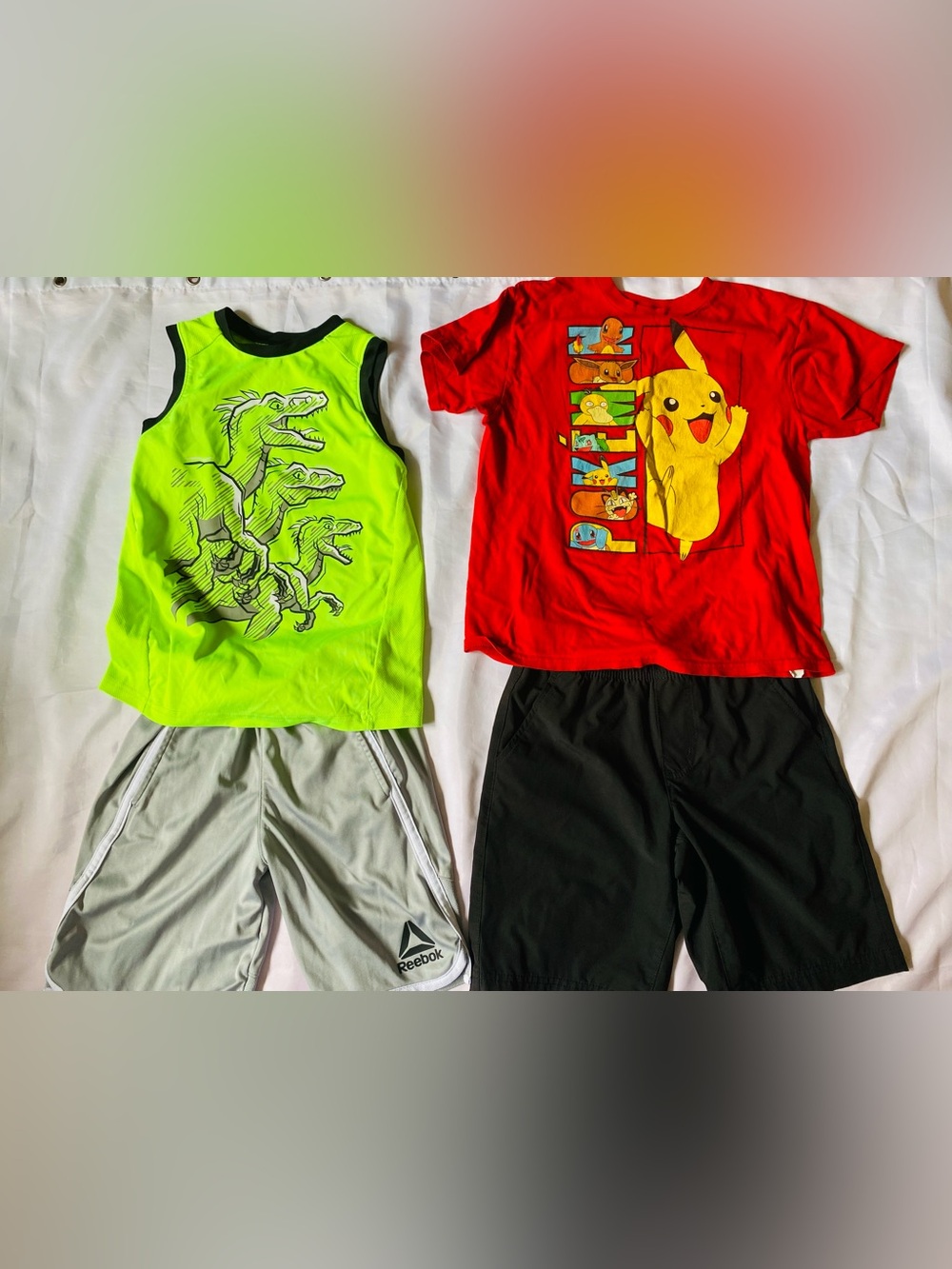 Reebok Shorts with Neon Green Top, Black Sonoma Shorts with Pokemon Top for Kids